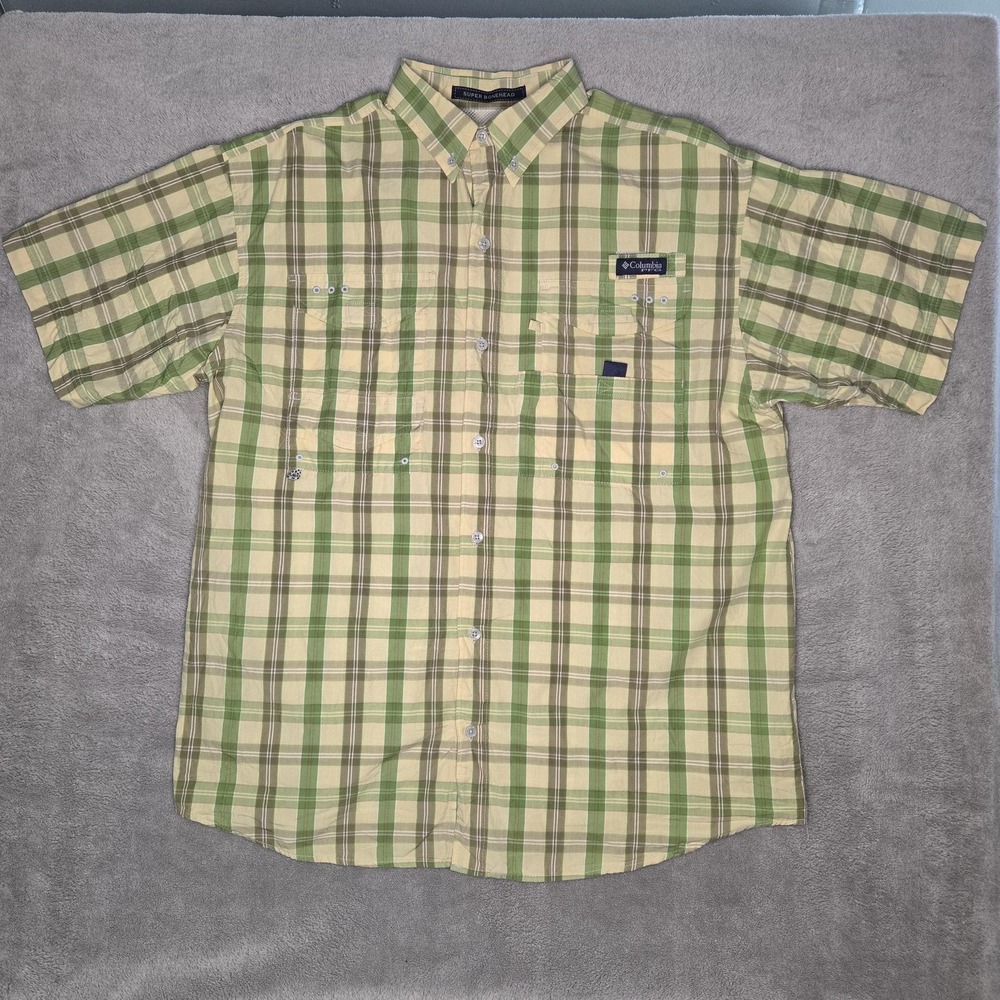 Columbia PFG Button Up Shirt Mens M Green Plaid Super Bonehead Fishing